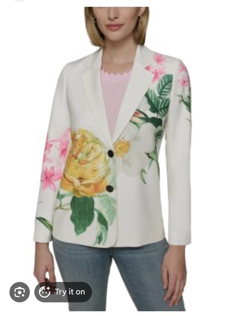 Karl Lagerfeld White Floral Single-Breasted Blazer with Yellow & Pink Flowers